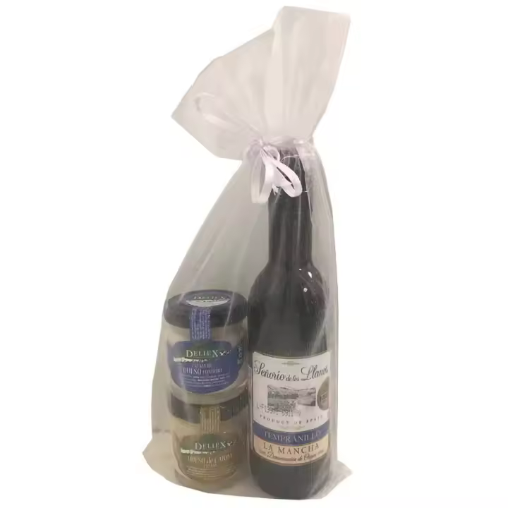 Regalo con botella miniatura de vino Señorío de los Llanos y dos tarritos de queso para celebraciones (Pack 24 ud) - 1