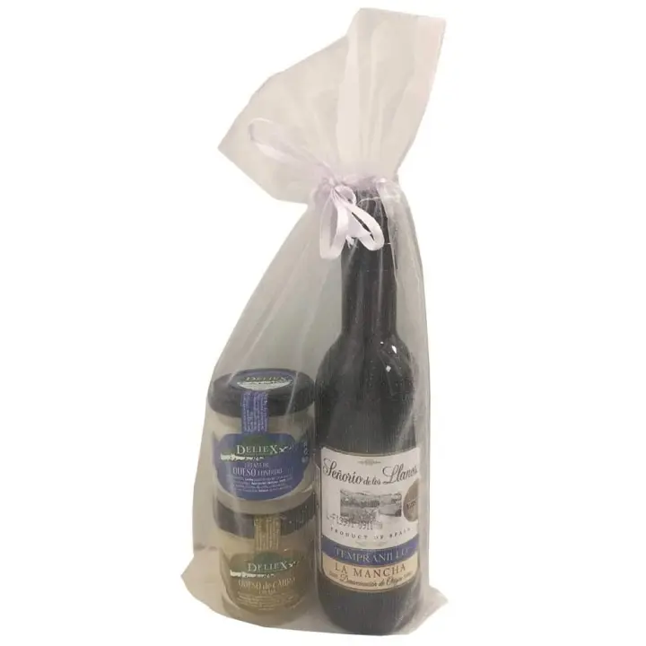 Regalo con botella miniatura de vino Señorío de los Llanos y dos tarritos de queso para celebraciones (Pack 24 ud) - 1