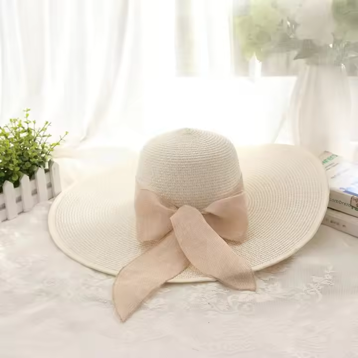 Sombrero De Sol Para Mujer Beige Con Gran Lazo Plegable Sombrero De Pescador Protección Solar Para Playa Gorra De Verano - 1
