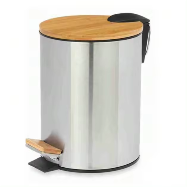 Cubo de Basura con Pedal 3L / 5L Acero Inoxidable | Tapa de Bambú Natural | Contenedor con Cubeta Interior | Diseño Moderno y Anticorrosivo | Apertura Suave y Silenciosa | Ideal para Baño, Cocina, Dormitorio u Oficina - 1