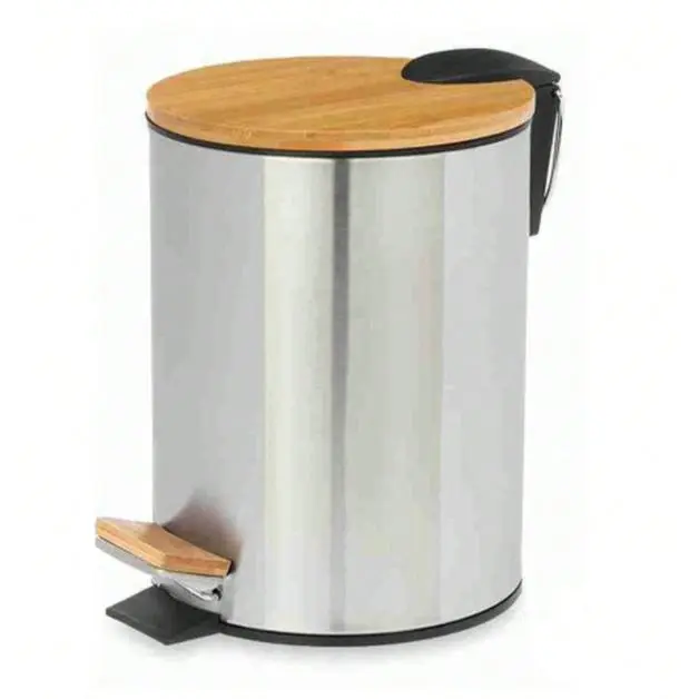 Cubo de Basura con Pedal 3L / 5L Acero Inoxidable | Tapa de Bambú Natural | Contenedor con Cubeta Interior | Diseño Moderno y Anticorrosivo | Apertura Suave y Silenciosa | Ideal para Baño, Cocina, Dormitorio u Oficina - 1