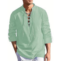 Camisas De Pirata Para Hombres Con Cuello Henry Y Cordón Algodón Y Lino Manga Larga Estilo Bohemio Para Playa Primavera Verano Tops Casual - details 2