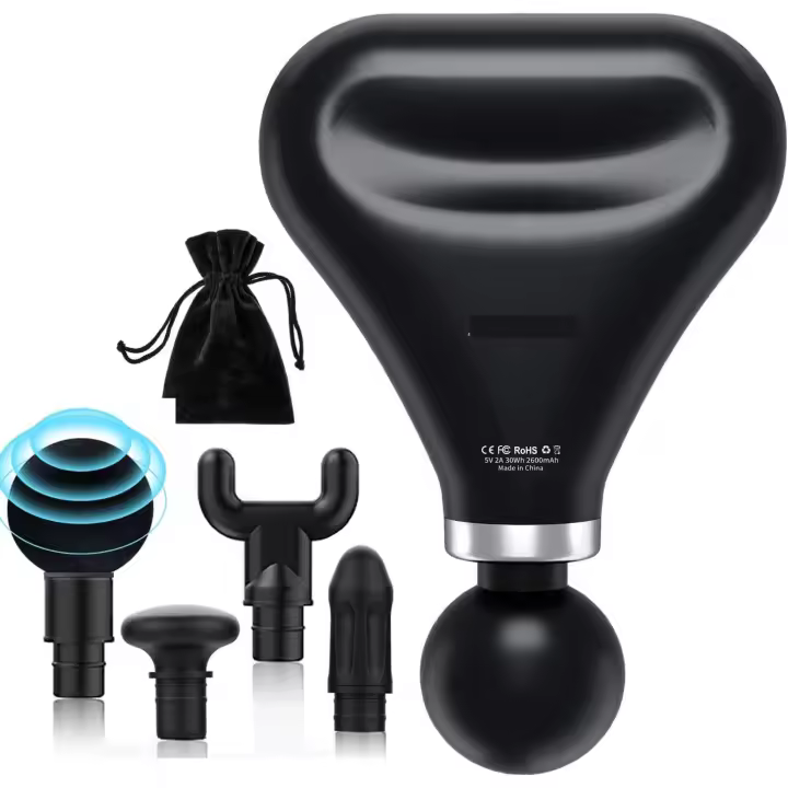 Pistola de Masaje Muscular Mini, Eléctrica Masajeador de Músculos Profundos with 4 Velocidades, 4 Cabezales de Masaje, Pistola de Masaje Portátil - Negro - 1