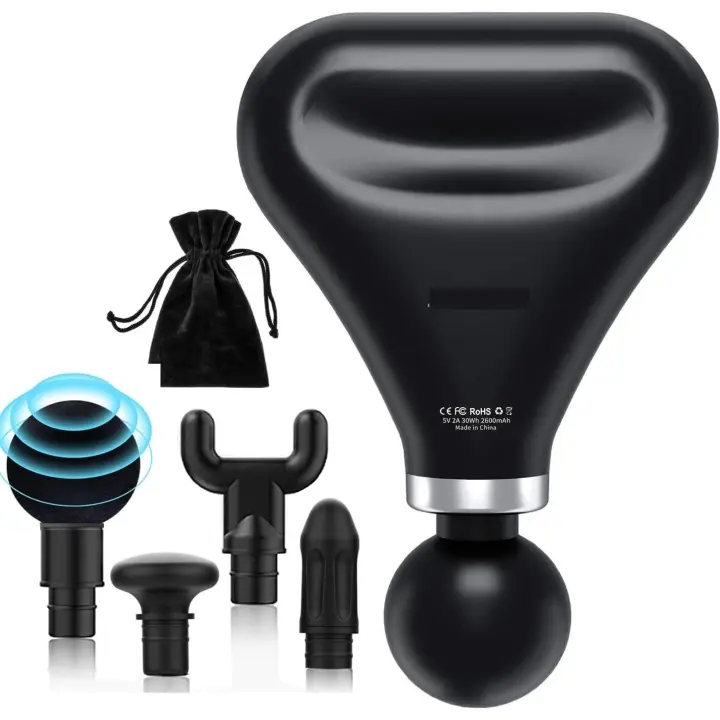 Pistola de Masaje Muscular Mini, Eléctrica Masajeador de Músculos Profundos with 4 Velocidades, 4 Cabezales de Masaje, Pistola de Masaje Portátil - Negro - 1