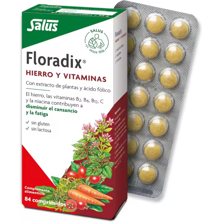 Salus - Floradix Suplemento de Hierro - 84 Comprimidos - Reduce cansancio y fatiga - Hierro orgánico, ácido fólico, vitaminas B1, B2, B5, B12 y C - Combate anemia - Salud y bienestar - 1