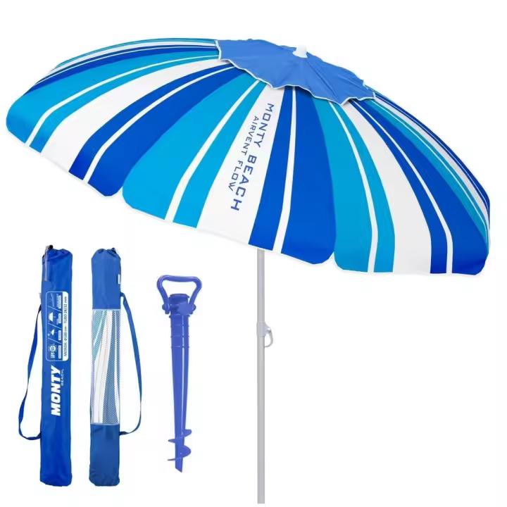 Sombrilla playa 220 cm y soporte arena, protección UV+50, sombrilla antiviento, varillas flexibles fibra vidrio, techo ventilación, mástil inclinable y regulable altura, bolsa transporte LOLAhome - 1