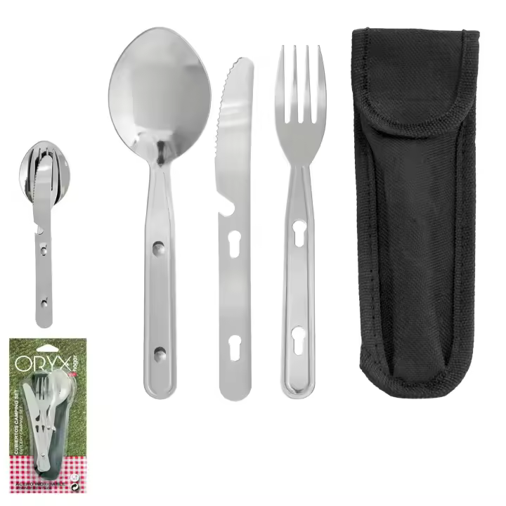 Cubiertos camping acero inoxidable 3 piezas con funda nylon - 1
