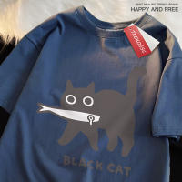 Camiseta De Algodón Oversize Para Hombres Y Mujeres Con Diseño De Gato Negro Comiendo Pescado Estilo Japonés Camiseta De Moda Imprimida Transpirable Para Verano - details 13