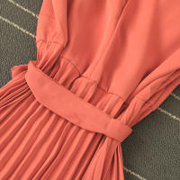 Nuevo Vestido De Verano 2026 Para Mujer Estilo Casual Con Cuello En V Manga Corta Lace up Pleated Chiffon Vestido De Cintura Alta - details 16