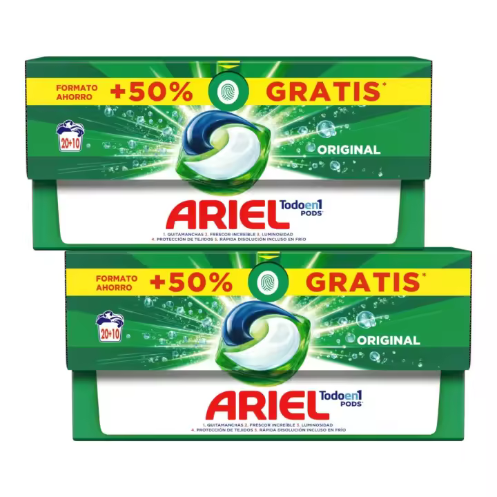 ARIEL Todo en 1 Pods Pack de 2 Cajas de 30 Cápsulas de Detergente Original Lavado Regular (60 Cápsulas en total) - 1