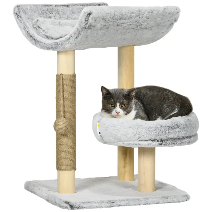 PawHut Árbol para gatos con poste rascador, árbol para escalar gatos, torre de juegos para gatos, 1 condominio superior con cojín lavable, 1 condominio redondo y 1 bola colgante, 66,5 cm de alto, madera maciza, gris - 1