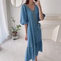 Vestido Maxi Casual ZANZEA Para Mujer De Tela Denim Azul Con Manga Puff Y Cuello V-Neck Estilo Retro Manga Corta Cierre Único Longitud Media-Calf - details 7