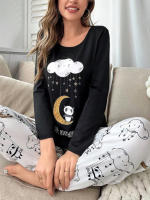 Conjunto De Pijamas Para Mujer Con Estampado De Panda Y Nube Larga Manga Cuello Redondo Y Joggers Elásticos Dormitorio Cómodo De Poliéster Y Elástano - details 5