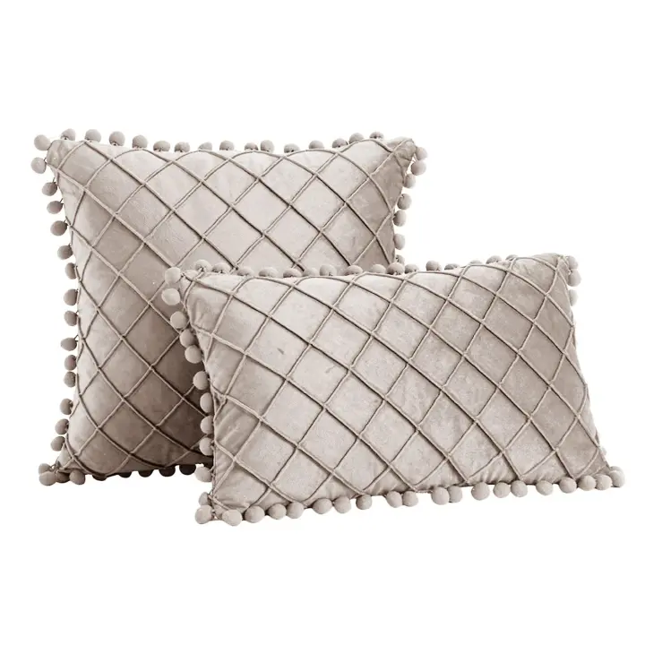 2 Packs Throw Pillow Covers with Pom-Poms Soft Velvet Lumbar Cojín Fundas Set para Sala de estar/Sofá/Cama Decoración D - 1
