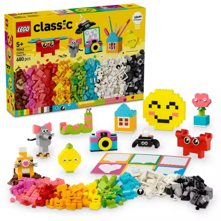 LEGO 11042 Classic Caja Feliz Creativa, Ladrillos de Colores Surtidos, Set para Construir Animales de Juguete, Figura de Pájaro, Abeja, Mono, Araña y Flor, Regalo para Niñas y Niños desde 5 Años - 1
