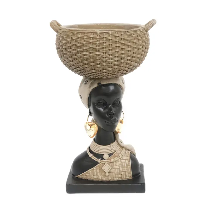 CAPRILO REGALOS & DECORACIÓN Figura Decorativa de Resina "Cabeza Africana con Cesta" . Bustos. Adornos y Esculturas. Regalos Originales. Decoración Hogar. 14 x 12 x 23 cm - 1