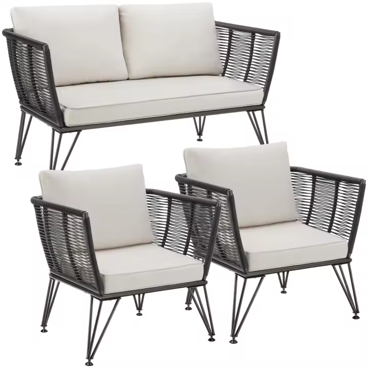 Tectake - Conjunto de salón de jardín SUNDO en diseño de cuerda con poliratán, Cómodo conjunto para jardín, compuesto por un sofá y 2 sillones para hasta 4 personas, Cojines de asiento extra gruesos y cómodos cojines para el respaldo, Poliratán resistente - 1
