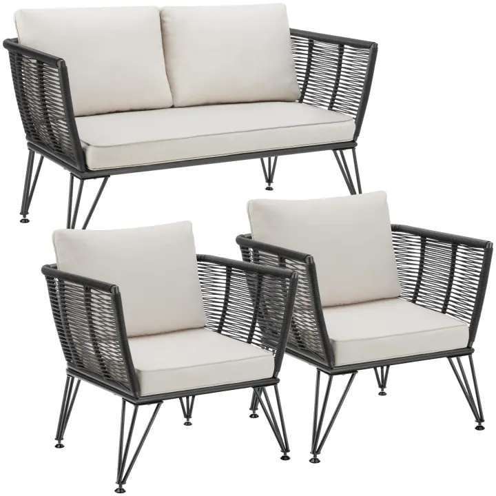 Tectake - Conjunto de salón de jardín SUNDO en diseño de cuerda con poliratán, Cómodo conjunto para jardín, compuesto por un sofá y 2 sillones para hasta 4 personas, Cojines de asiento extra gruesos y cómodos cojines para el respaldo, Poliratán resistente - 1