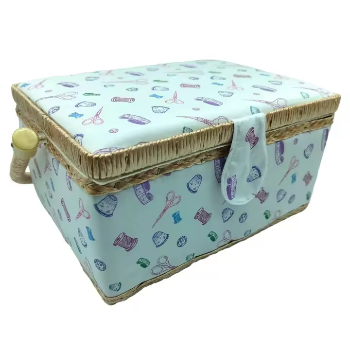 Tradineur - Caja de Costura Portátil Rectangular - Fabricado en Madera y Poliéster - Cuenta con Bandeja de 4 Compartimentos - Ideal para Almacenar los utensilios de costura - 12 x 24 x 18 cm - 1