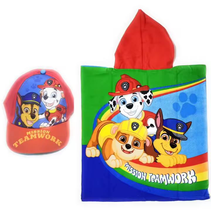 Poncho Patrulla Canina Toalla para Niños + Gorra Patrulla Canina para Playa o Piscina | Pack de Gorra y Poncho Paw Patrol | Gorra Ajustable y Poncho Patrulla Canina con Capucha  |  Poncho Patrulla Canina para Niños - 1