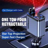 Cargador de coche retráctil de 120 W con Starlight, adaptador USB-C 4 en 1 de carga rápida con 2 cables retráctiles y 2 puertos USB, compatible con iPhone 16/15/14/13/12/11 y todos los teléfonos Android. - details 0