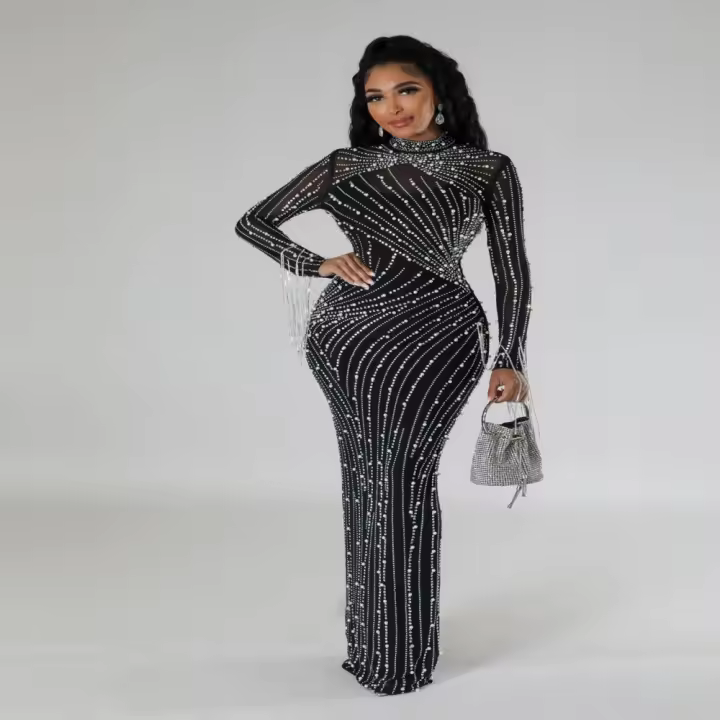 Vestido De Baile Elegante Para Mujer Con Diamantes Y Malla Largo De Manga Elegante Para Fiesta Y Noche Vestido De Lujo - 1