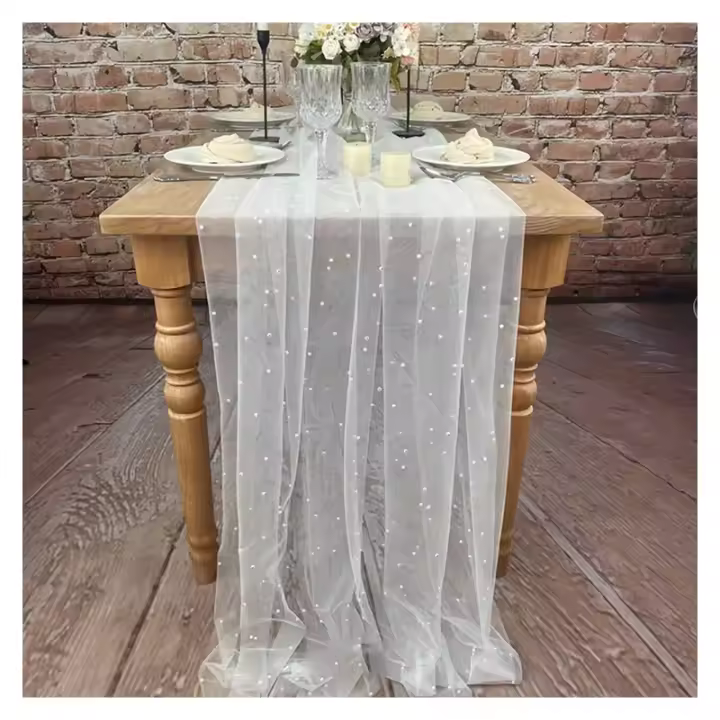1pc Corredor De Mesa De Perla Blanca En Malla Para Boda Y Fiestas Decoración De Velo De Novia Antiarrugas Para Mesa De Postres - 1