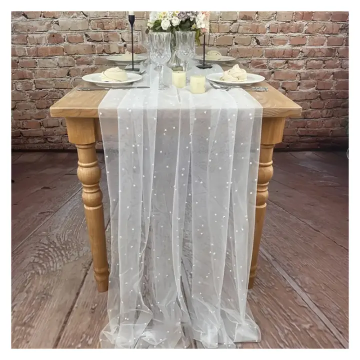 1pc Corredor De Mesa De Perla Blanca Tulle Para Boda Y Fiestas Decoración De Velo De Novia Antiarrugas Para Mesa De Postres - 1