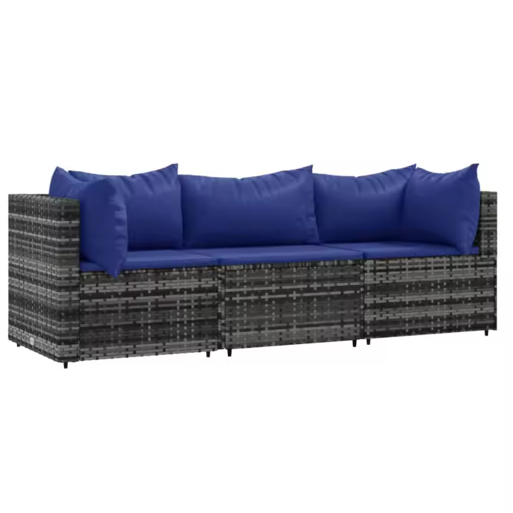 vidaXL Set de muebles de jardín 3 pzas y cojines ratán sintético gris - 1