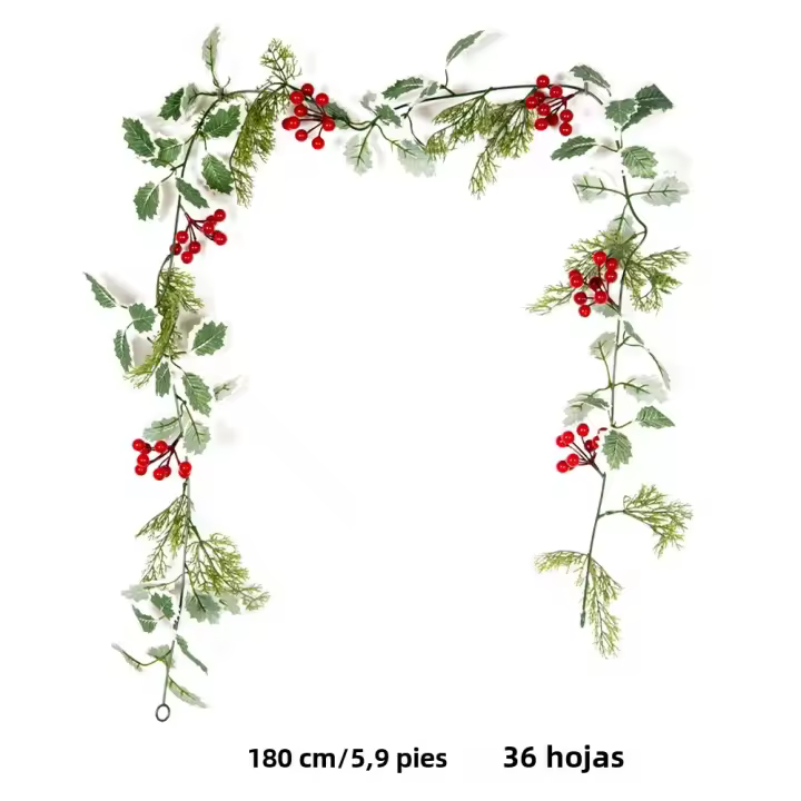 Guirnalda De Navidad Artificial De 180 Cm Con Hojas De Pino Falsas Y Bayas Rojas Decoración Para Casa Y Fiestas De Año Nuevo Planta Artificial De Vínculo Verde - 1