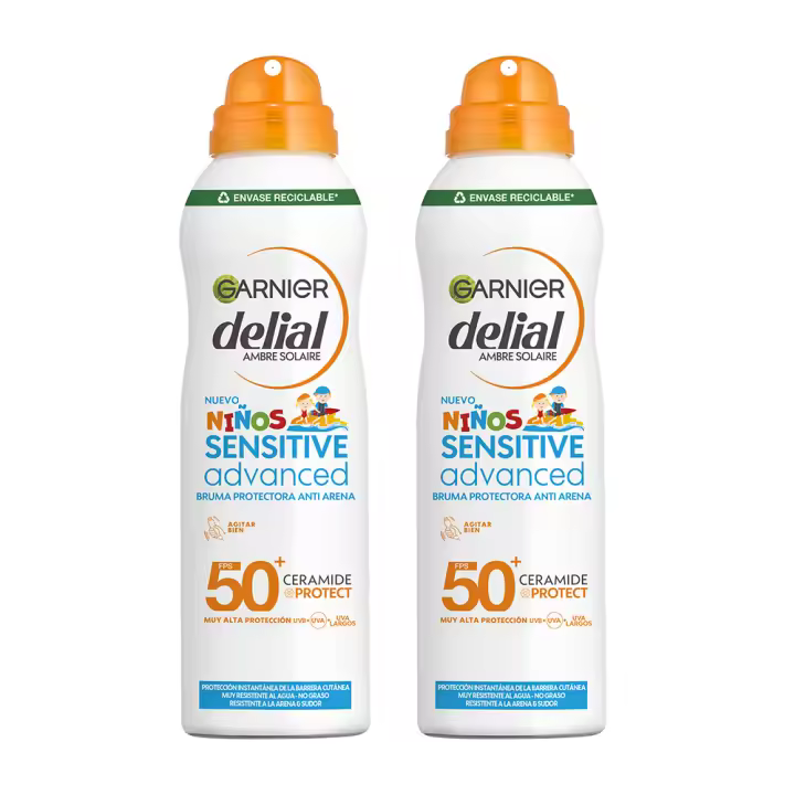 GARNIER | Delial Sensitive Advanced Bruma Protectora Anti Arena para pieles sensibles, claras e intolerantes al sol IP50+. Muy resistente al agua, sin perfume, no pegajoso. Testada bajo control pediátrico - 2x150 ml. - 1