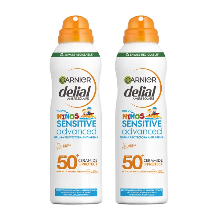 GARNIER | Delial Sensitive Advanced Bruma Protectora Anti Arena para pieles sensibles, claras e intolerantes al sol IP50+. Muy resistente al agua, sin perfume, no pegajoso. Testada bajo control pediátrico - 2x150 ml. - 1