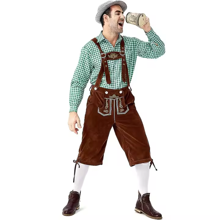 Traje de Oktoberfest tradicional alemán para hombre, camisa a cuadros, tirantes bordados con sombrero, conjunto - 1