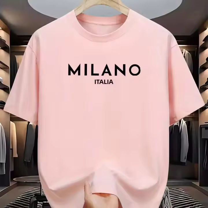 Camiseta De Algodón Puro 100% Para Hombre Estampado De Letras De MILANO ITALIA Casual Suelta Y De Moda Para El Verano Con Cuello Redondo Y Mangas Cortas - 1