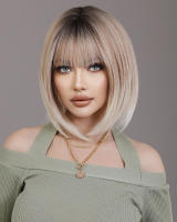 Pelucas Sintéticas NAMM Ash Ombre Bob Rubia Para Mujer Peluca Corta Recta Con Trenzas Fluffy Bangs Resistente Al Calor Uso Diario Fiesta - details 4