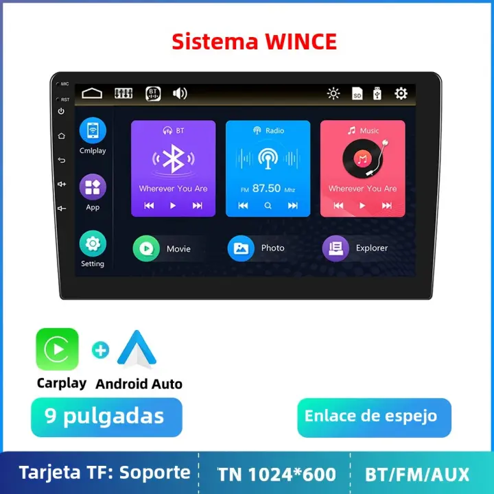 Podofo Radio De Coche 2 DIN 9" HD Autoradio Multimedia Player Carplay Bluetooth USB FM Cámara Soporte Control Del Volante Universal - 1