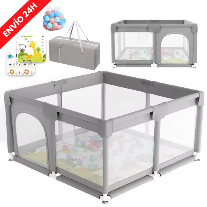 JUPPLIES Parque Infantil Bebe 120x120cm + Alfombra Bebe + 50 Bolas + Agarraderas + Bolsas de Transporte – Corralito Bebe con Malla Transpirable – Parque de Juegos Bebe – Playpen Bebe - Gris - 1