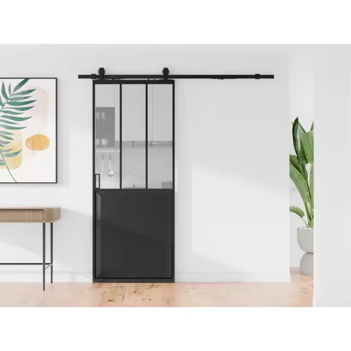 Vente-unique - Puerta corredera estilo taller con riel - Negro y vidrio templado - Alt. 205 x Ancho 93 cm - ARTISTO II - 1