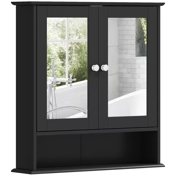 kleankin Armario de Baño con Espejo, Armario de Pared con 2 Puertas, Estante Abierto, Estante Ajustable, Mueble de Baño Colgar para Cocina, Salón, 56x13x58 cm, Negro - 1