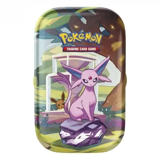 Evoluciones Prismáticas Mini Lata Cartas Coleccionables Pokémon, Escarlata y Púrpura, Vaporeon, Flareon, Sylveon, Umbreon, Glaceon, Jolteon, Espeon (2 Paquetes de Mejora y 1 Moneda) - 1
