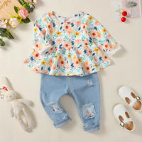 Conjunto De Moda Para Niñas De 1-4 Años 2 Piezas Camisa De Manga Larga Floral Y Jeans Con Agujeros Adecuado Para Primavera Y Otoño - details 6