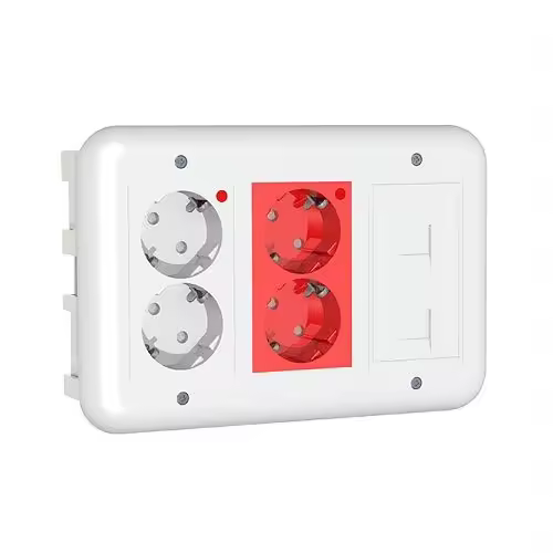 CABLEPELADO Kit puesto trabajo pared empotrar | Módulo Doble Schuko Embornado Por Corte-Rápido Con LED, Módulo Doble Schuko Embornado Por Corte-Rápido rojo Con LED, 1 Placa Datos Para 2 Conectores - 1