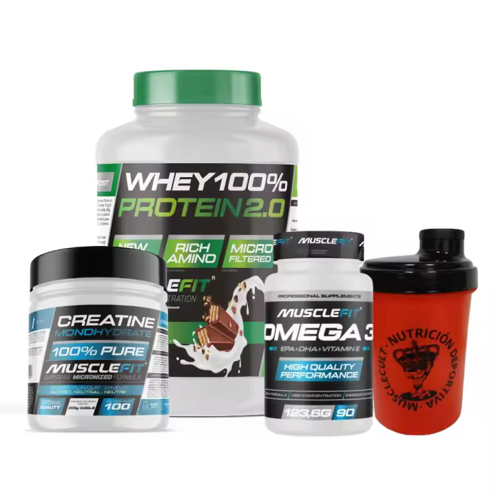 Pack Proteína WHEY 2kg + Creatina 300g + Omega 3 90cáps + Shaker - Musclefit  Avance Muscular│Mas musculos│Vitaminas - 1