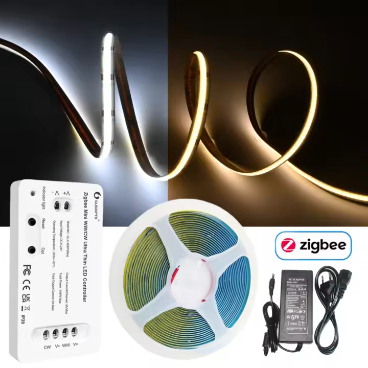 Kit Completo De Tira LED SMD 12V 5m 10m Mini Zigbee 3.0 COB CCT Doble Luz Blanca Dimmable Para Alexa Google Assistant SmartThings Con Control Remoto Y APP - 1