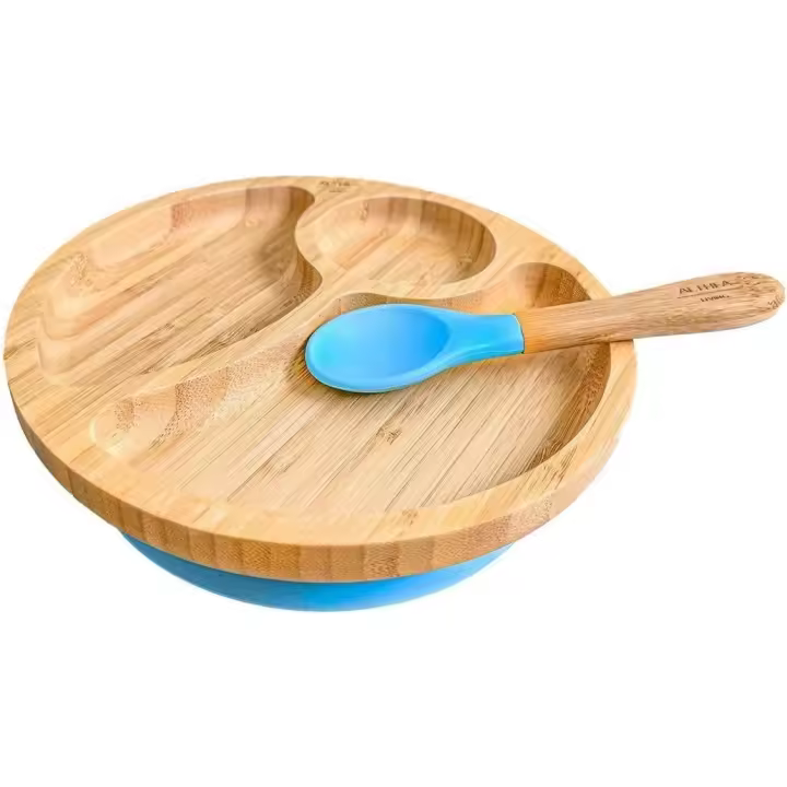 Vajilla de bambú para bebé con ventosa, Set de 2: plato dividido y cuchara de silicona - Althea Living - 1