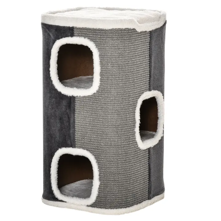 PawHut Barril Rascador para Gatos 74 cm de Altura Tonel de Escalada con 3 Cuevas de Sisal y Felpa Plataforma de Lana 40x40x74 cm Gris - 1