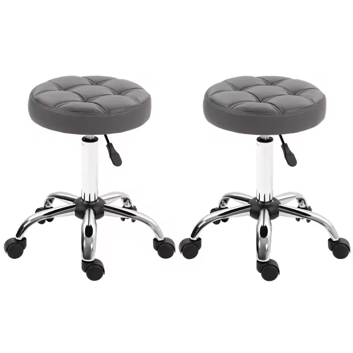 HOMCOM Juego de 2 Taburetes con Ruedas, Taburetes Giratorios Regulables en Altura, Taburetes de Trabajo Giratorios con Ruedas, Taburetes de Salón para Salón, Oficina, Piel Sintética, Diámetro 35,5 x 63 cm, Gris - 1