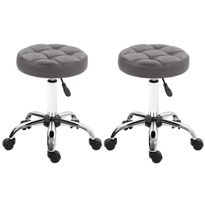 HOMCOM Juego de 2 Taburetes con Ruedas, Taburetes Giratorios Regulables en Altura, Taburetes de Trabajo Giratorios con Ruedas, Taburetes de Salón para Salón, Oficina, Piel Sintética, Diámetro 35,5 x 63 cm, Gris - 1