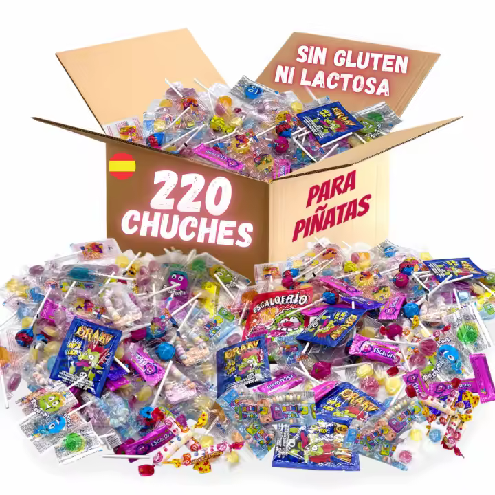 Mega Pack 220 Chuches Cumpleaños. Chuches Relleno Piñata. Chuches Sin Gluten ni Lactosa. Gominolas. Golosinas. Pack Chuches. Chuches Piñata. Chucherias Relleno Piñatas de Cumpleaños Infantil. Piruletas. Escalofríos. Draculas. Pulseras. Cumpleaños MANLOZ . - 1