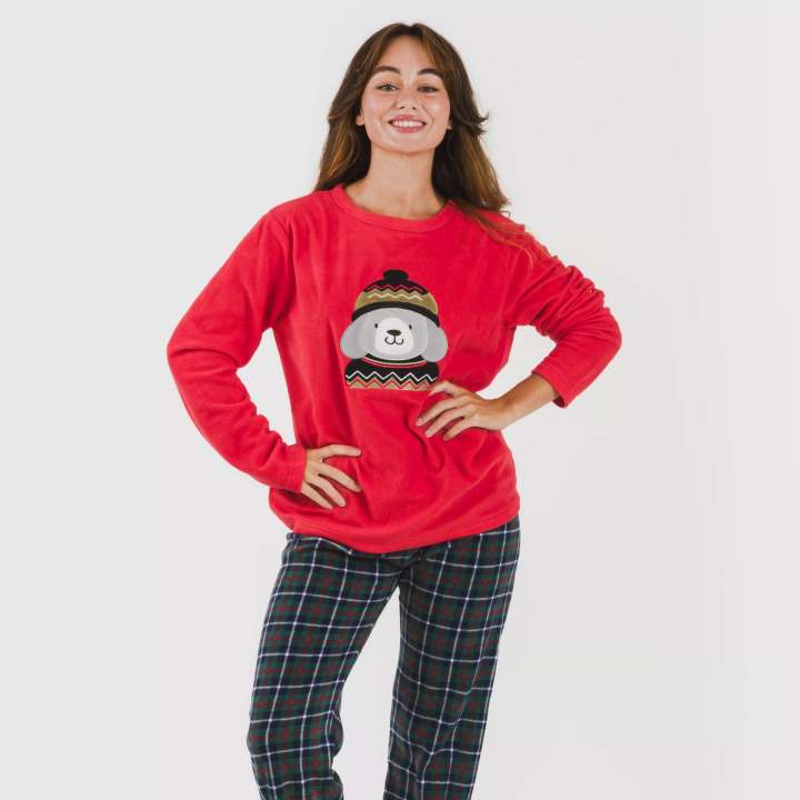 Pijama Polar Eiko Rojo: Comodidad y Estilo para el Invierno, Camiseta Roja con Estampado de Perrito y Pantalón de Cuadros Multicolor, Tejido Extra Suave que Aporta Calidez Ideal para Dormir y Relajart